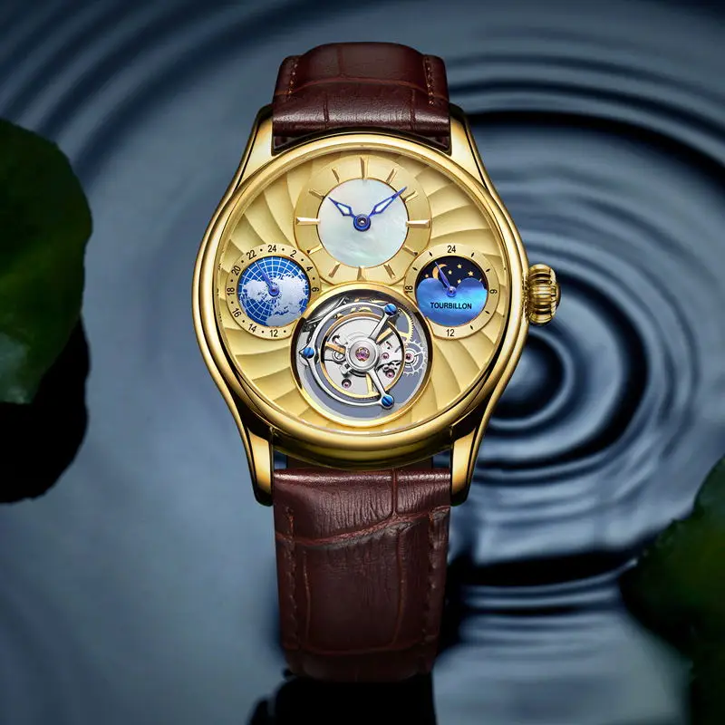 KOPECK Tourbillon, механические часы для мужчин, сапфир,, Tourbillon, полый ход, для мужчин, t Moon Phase, мужские часы, relojes hombre, 7017 г - Цвет: Brown yellow yellow