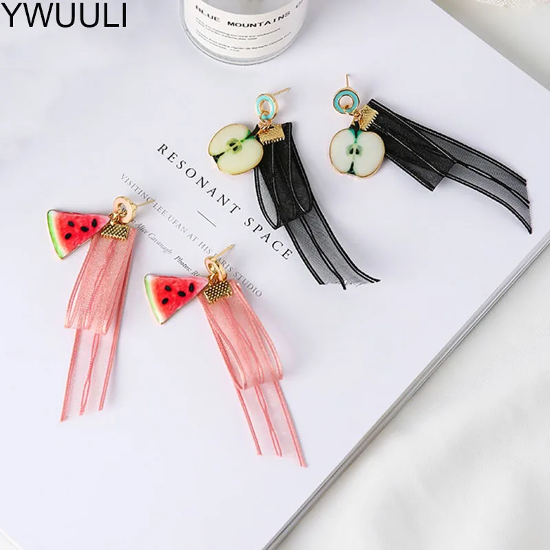 

YWUULI Korean Elegant Fairy Silk Ribbon Earrings for Women Cute Fruit Lace Dangle Earrings Pendientes Girls Ear Jewelry MJ53