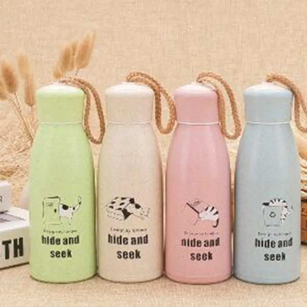 350ML Cute Design Print Glass Water Bottle Cute Straw Cover Drinking