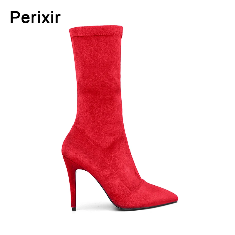 

Perixir Factory Outlet Sell well Spring Burst Soft and Supple Elasticity Women Boots Red Velvet Elegant Sock Boot Thin High Heel