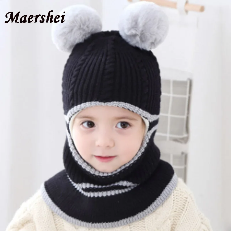 

MAERSHEI 2022 new baby girl Balaclava Mask Fur hat winter Wool warm velvet Beanies Knitted Cap Kids pompom Gorras