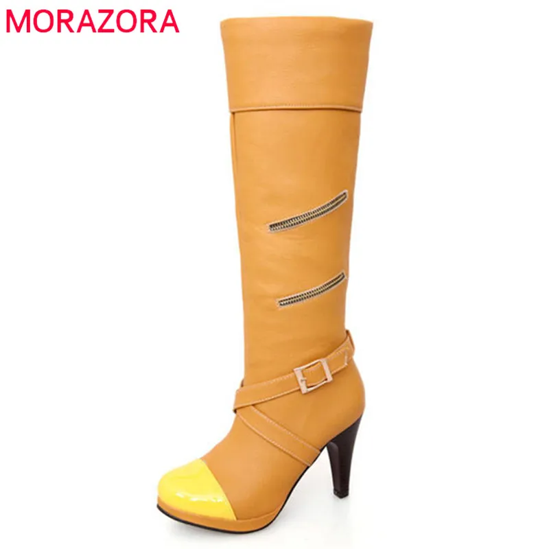 

MORAZORA 2020 new arrival round toe boots women autumn winter ladies shoes zipper +buckle knee high boots high heels shoes