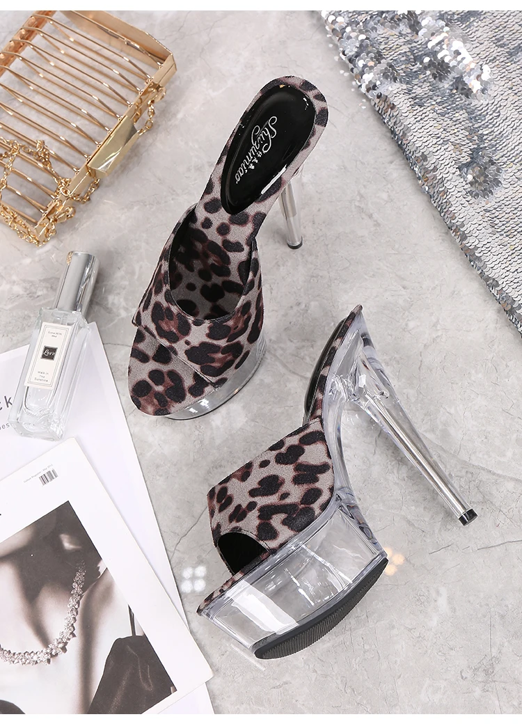 Shoes Woman New Platform Slippers Transparent Crystal Leopard High Heels 15cm Waterproof Shoes Big Size Female Slippers