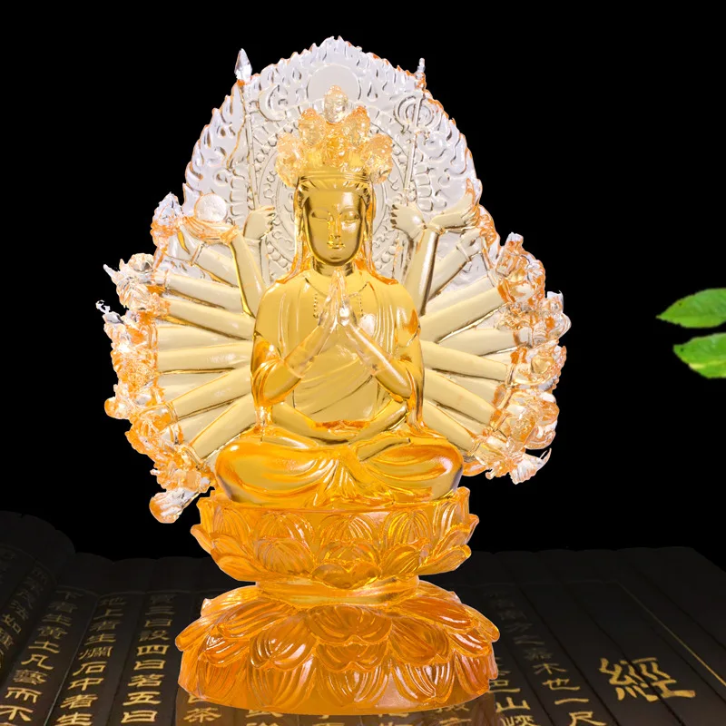 GlassBuddhaStatueThousandHandsGuanyinReligiousHomeDecoration