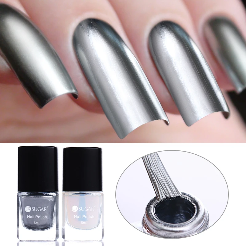 

UR SUGAR 2 Bottles Mirror Effect Metallic Nail Polish Chrome Metallic Silver Lacquer + Base Coat Nail Art Manicure Varnish