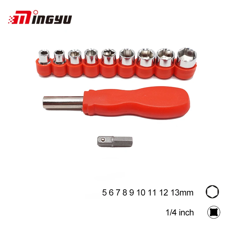 

1/4 inch Drive Socket Wrench Head and Handle Set with Adapter 6 Point Sleeve Double End 5-13 mm Nut Removal Home Hand Tools
