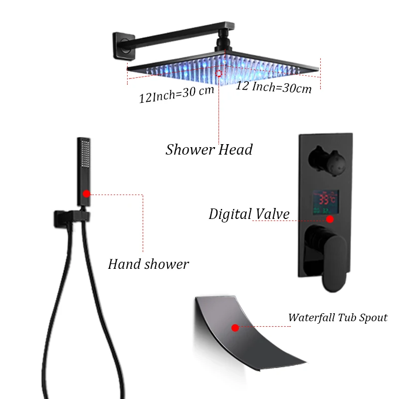 ULGKSD ванная комната черный Бронзовый Смеситель для душа набор светодиодный цифровой смеситель холодной и горячей воды кран W/Водопад ванна смесители Para Ванна Ducha - Цвет: 12 INCH