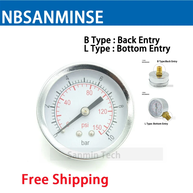 

50mm Dial 1/4" G/NPT Mini Pressure Gauge Air Compressor Hydraulic Vacuum Gauge Manometer Pressure Tester 0-150Psi 0-10Bar Sanmin