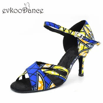 

Size US 4-12 Dancing Latin Shoes Blue Pattern Heel Height 8.5cm Professional Open Toe Dance Shoes For Women NL177