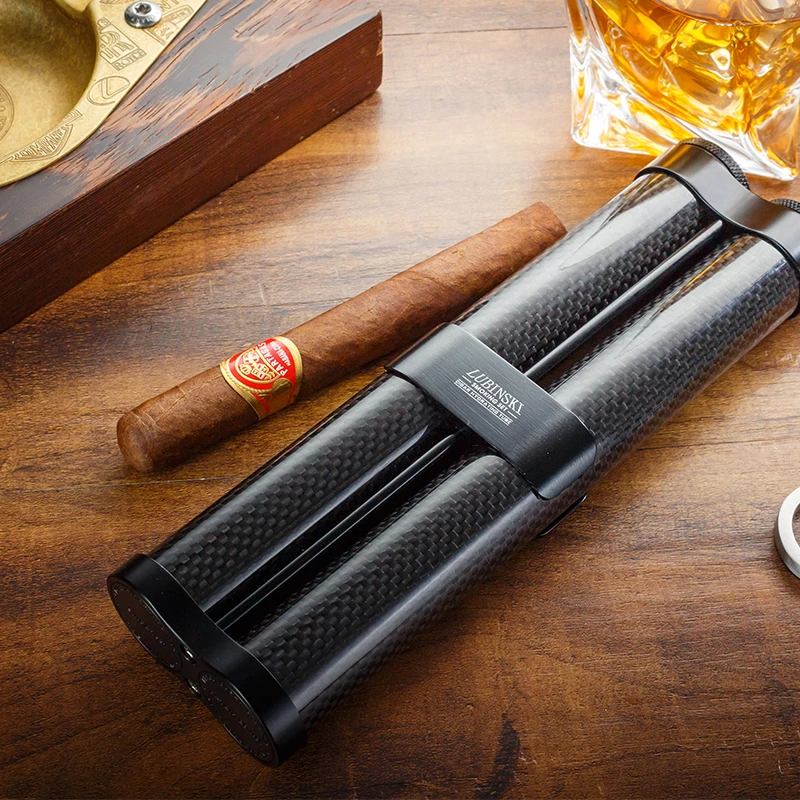 

LUBINSKI Luxury Carbon Fiber and Metal Cigar Tube Hydrating Holder Case with Humidifier for 2 Cigars of 50 Ringage