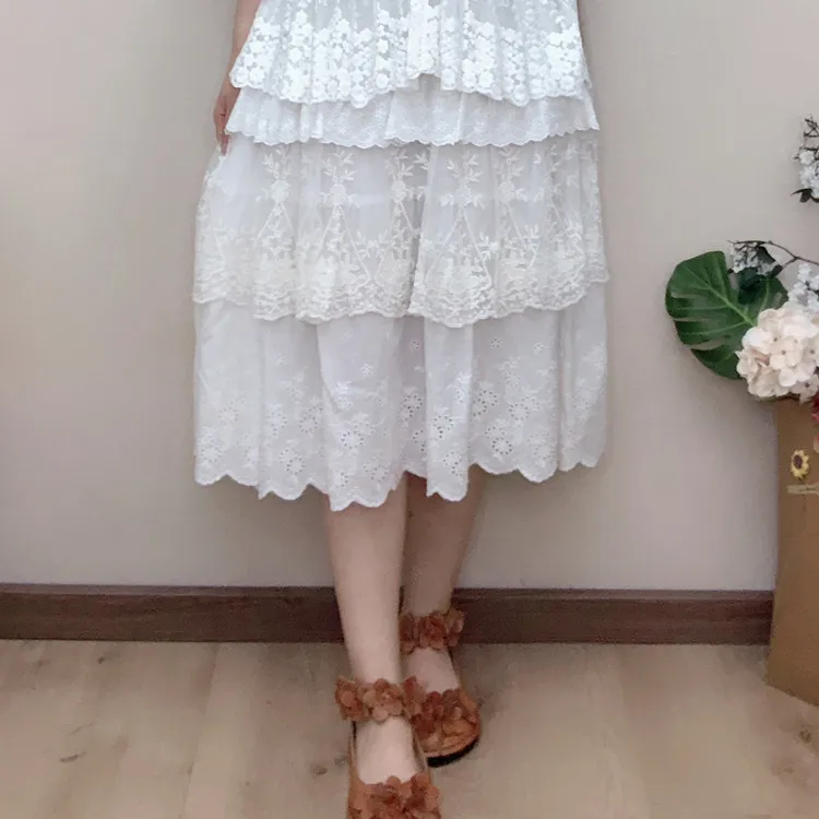 

3Colors Multi Layer Lace Mori Girl Skirt For Women Vintage Embroidery Elastic Waist Casual Skirt Underskirt Plus Size Saias 1935