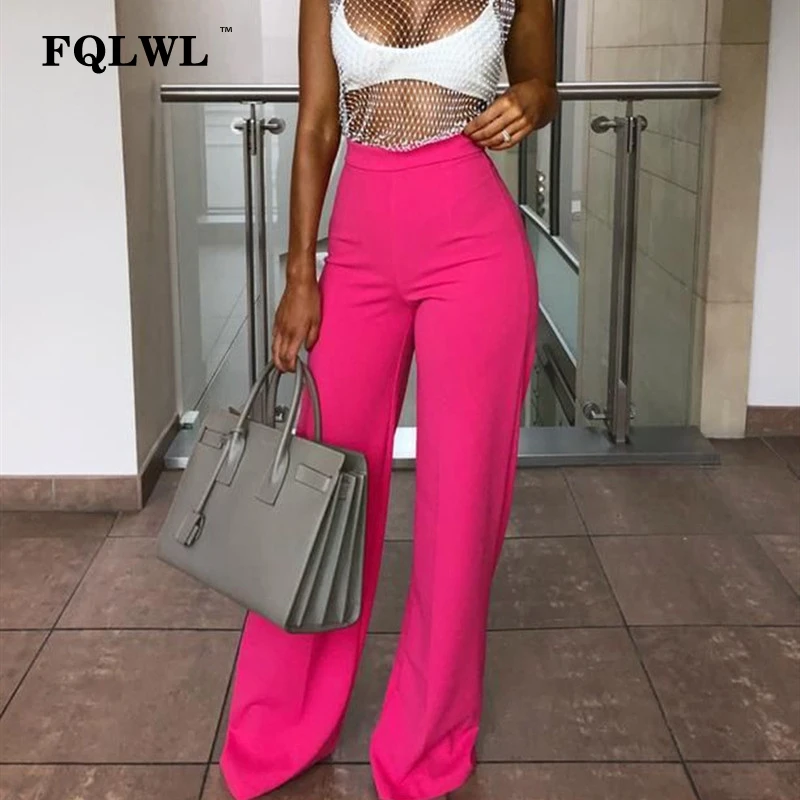 FQLWL واسعة الساق بناطيل مثيرة المرأة السراويل مرونة عالية الخصر فضفاض متوهج السراويل الإناث الوردي عارضة جرس أسفل سراويل صيفية 2019