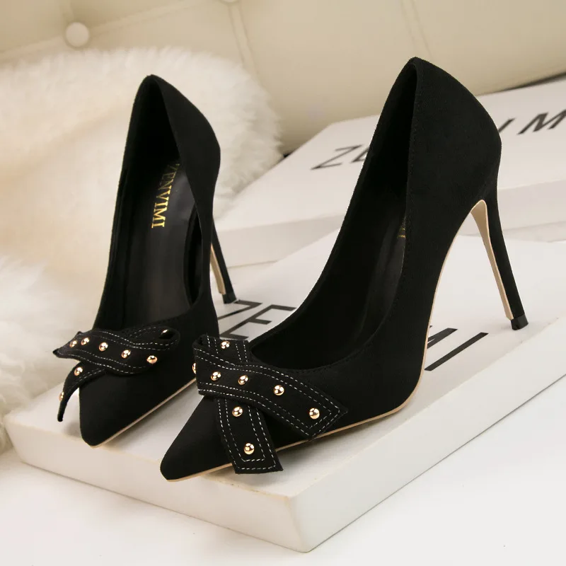 

Western Fashion Concise Super High Heels Shoe Flock Rivet Butterfly-knot Women Shoes Sexy Shallow Slip-on Single Shoes For Party