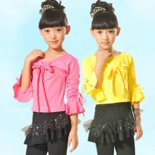 Детская Костюмы для латиноамериканских танцев танцевальные костюмы 2 предмета топ+ штаны для Обувь для девочек розовый, красный, желтый хлопок Гимнастика костюмы