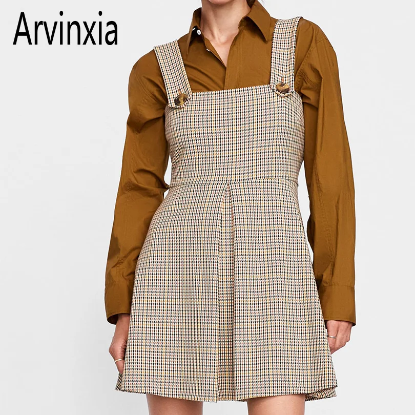 

Arvinxia ZA Stylish Plaid Spaghetti Strap Women Dress New Sleeveless Button Lady Mini Dress Chic Strapless Fit and Flare Vestido