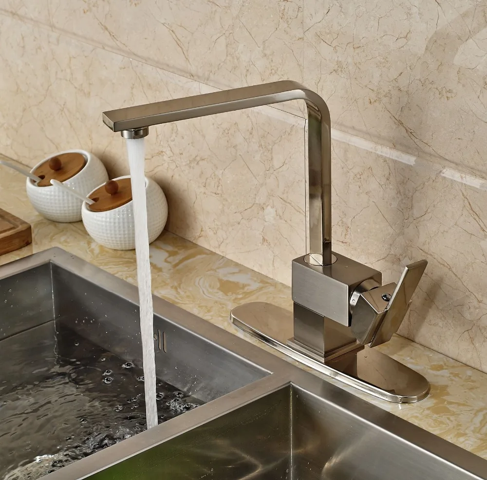 

Brushed Nickle Kitchen Sink Faucet Deck Mounted Single Lever With 8" Cover Plate