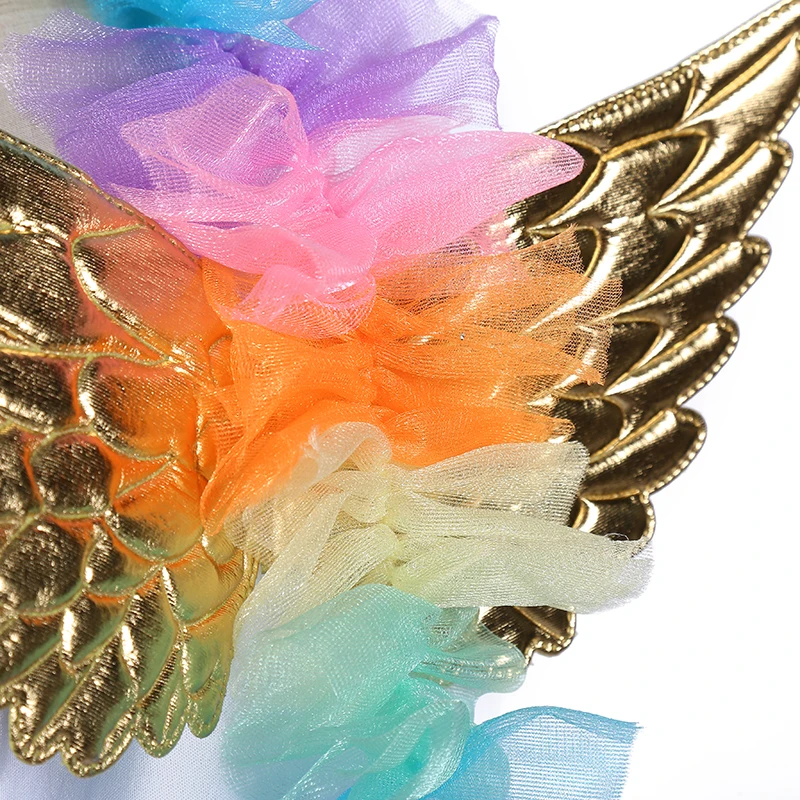 Girls Christmas Unicorn Costume With Headband Gold Wings for Kids Pony Rainbow Tutu Dress Children Halloween Theme Party Dress