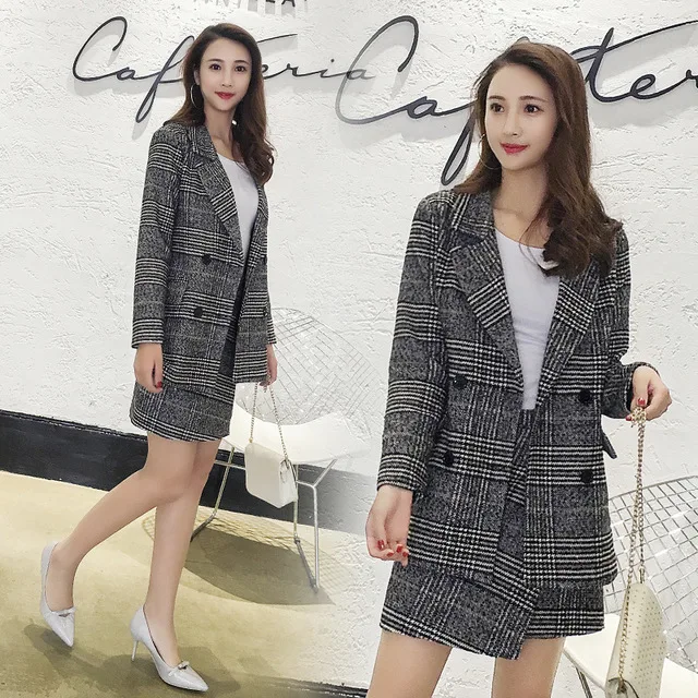 

Spring Ol Style Womens Two Piece Plaid Skirt Sets Grey Korean Houndtooth Women Elegant Mini Skirt Suits Office Lady Uniform