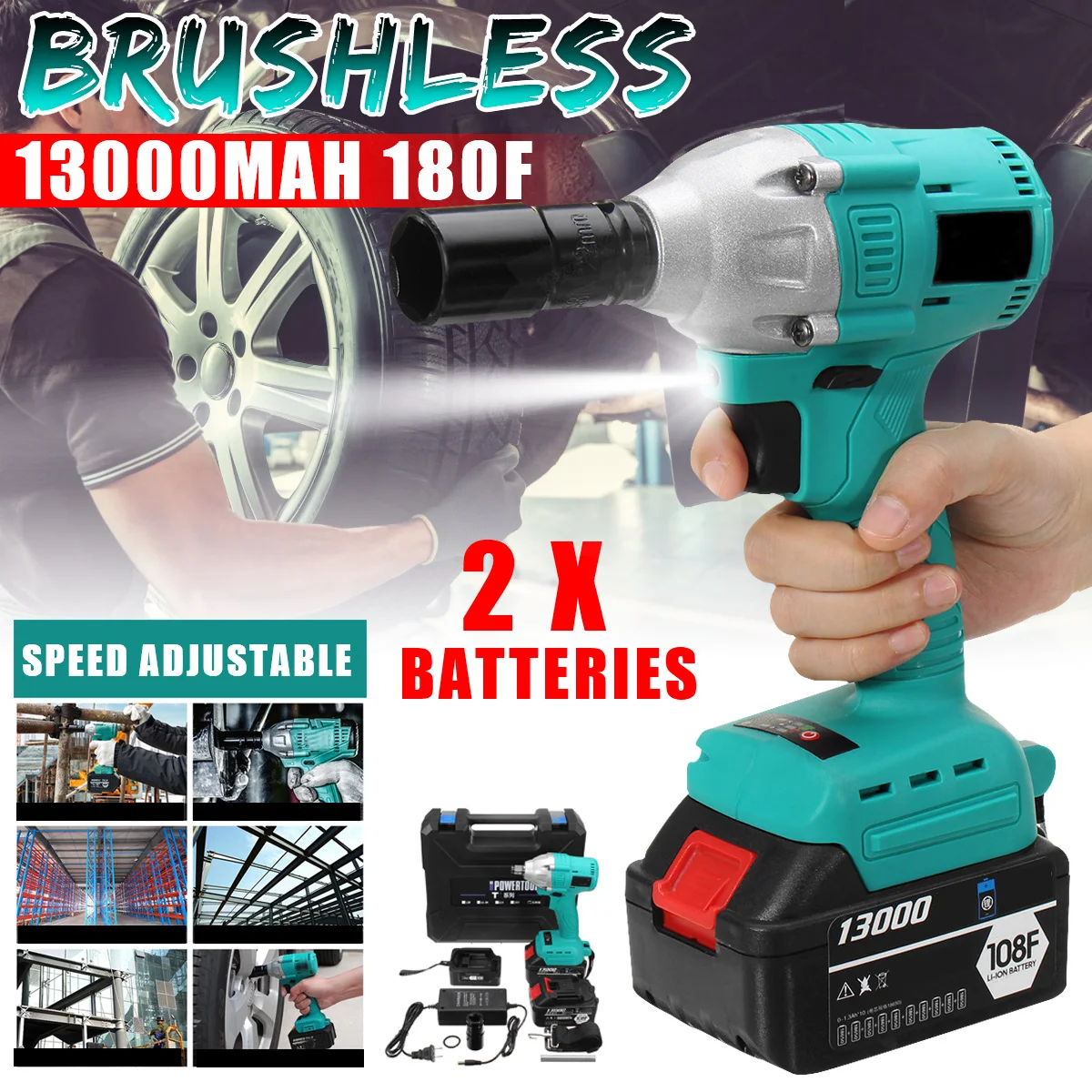 

Brushless Electric Shock Cordless Impact Wrench 340 N.M Cordless DIY Household Electric Wrench w/2Pcs 108F 13000mAh Batteries