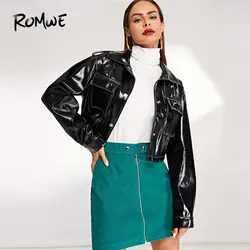 ROMWE/укороченная куртка из искусственной кожи с карманами спереди и пуговицами 2019, черная однобортная укороченная куртка для женщин, крутая