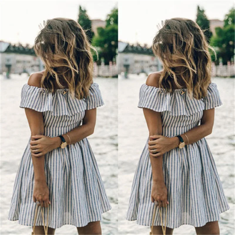 

Hotwon slash neck sleeveless women dress shirt sexy off shoulder plaid dress stripe short vestidos summer mini dress
