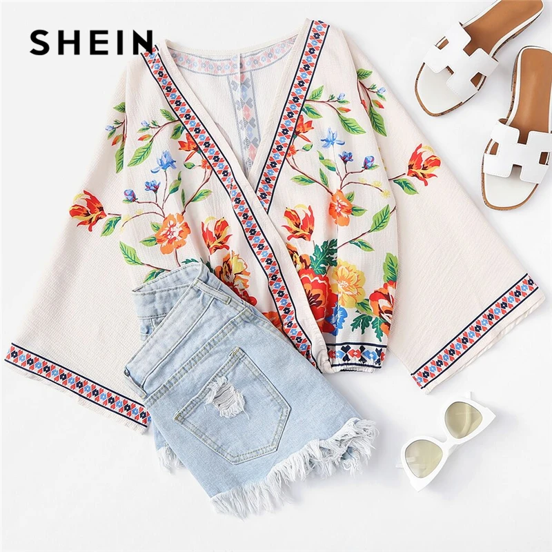 SHEIN Цветочный Топ 2019 Летние Цветочные Блузы С V образным Вырезом Длинным