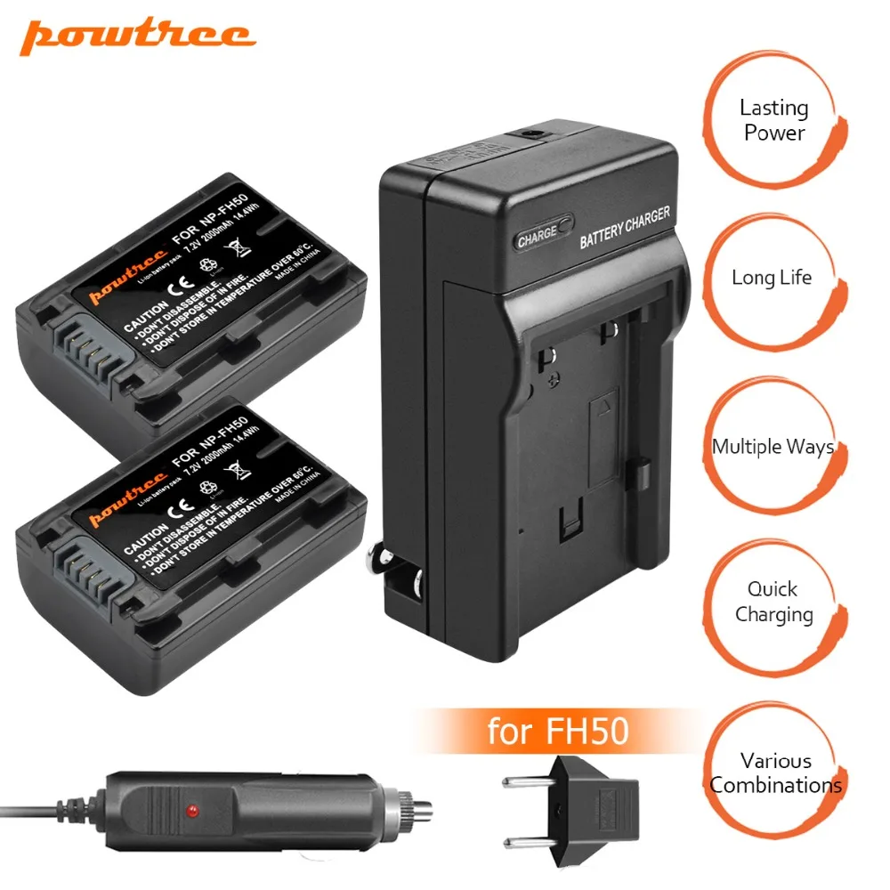 

2Packs 7.2V 2000mAh NP-FH50 NPFH50 NP FH50 Battery+ Charger+ Car Charger For Sony A230 A330 A290 A380 A390 HDR-TG1E TG3 TG5 L20