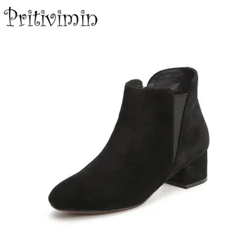 

2018 New autumn winter ladies high quality shoes woman black cow suede thick low heel TPR bottom ankle boots Pritivimin FN122