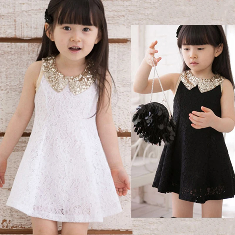 

2018 children lace mini dress princess girl elegant sequin dress peter pan collar baby party dress a-line vintage white black