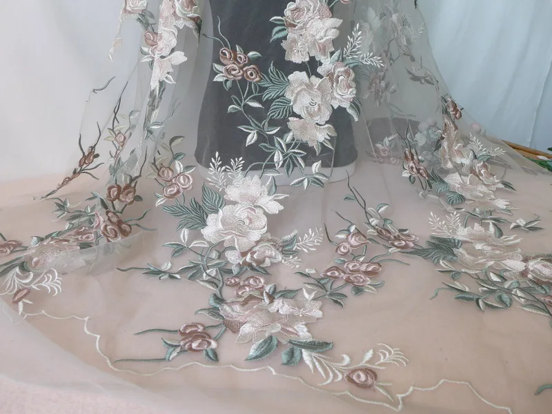 

New Light Green/Pink Floral Embroidered Tulle Mesh Lace Fabric For Backdrop, Wedding Gown, Bridal Veil
