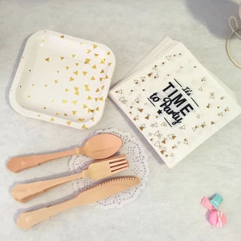 

8 Sets Disposable Tableware Foil Gold Party Paper Plates Dishes Napkins Wooden Fork Knife Spoon for Birthday Wedding Party Favor