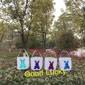 

10pcs/lot Party Festival Supplies Kids Egg Hunting Easter day Basket Bag Candy Bags Mermaid Sequins Bunny Canvas Easter Bucket