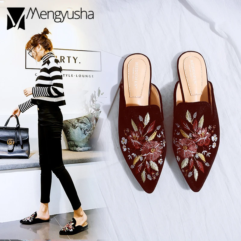 Embroider Shoes Woman Floral Print Mules Pointed Toe Women Flat