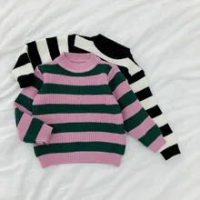 Для маленьких девочек Костюмы осенние свитера Детская Модные пуловеры в полоску верхняя одежда с длинными рукавами с круглым вырезом для детей трикотаж оптом