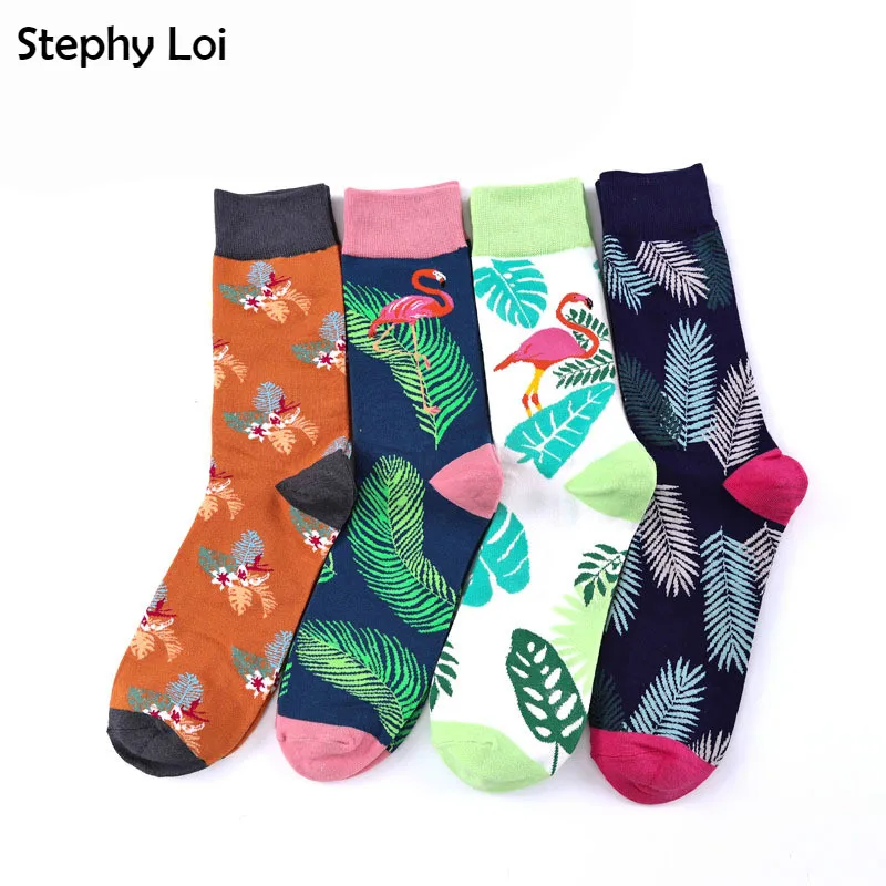 

New Arrival Cotton Men Crew Socks flamingo leaf Pattern Hip Hop British Style Casual Harajuku Designer Brand Novelty Funky Cool