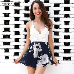 Forefair белое кружевное лоскутное шифон Playsuit спинки V шеи Boho Летнее Повседневное пляжные комбинезоны