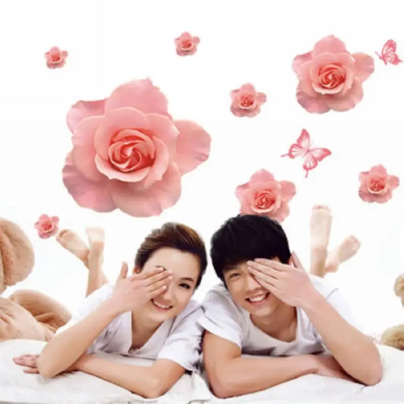 2018 Newest DIY Removable Vinyl 3D Pink Rose Butterfly Flower Wall Stickers Decal Art Home Decor