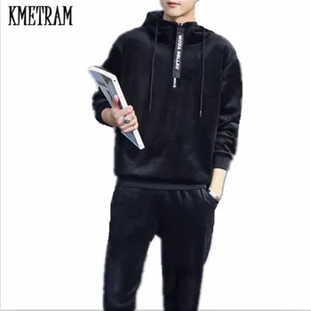 

KMETRAM 2020 New Men's Autumn Winter thicker Warm Soft Men's Jacket 4XL Velvet Hooded Sportswear Tops And Full length PantsHH666
