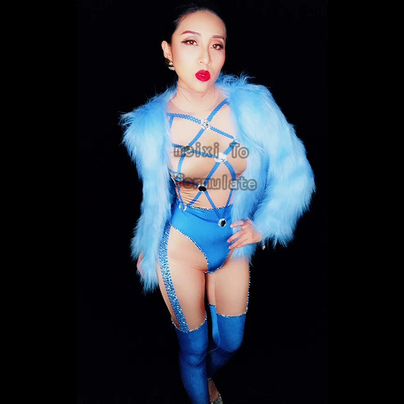 

Unique blue rhinestone and blue coat nightclub concert singer dancer costume