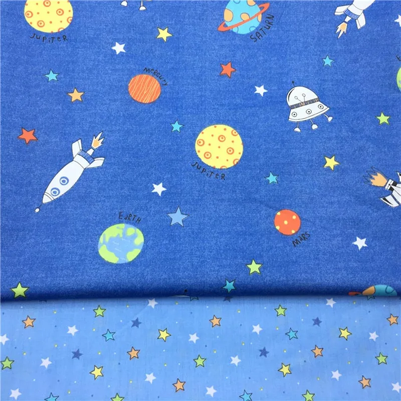 100% хлопок twill Ткань мультфильм Синий космический корабль ракеты звезды ткань для