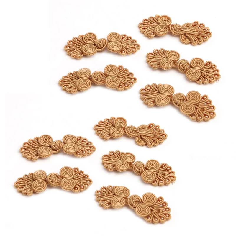 20 Sets Beaded Chinese Knot Frog Buttons Closure for Sewing Crafts Light tan