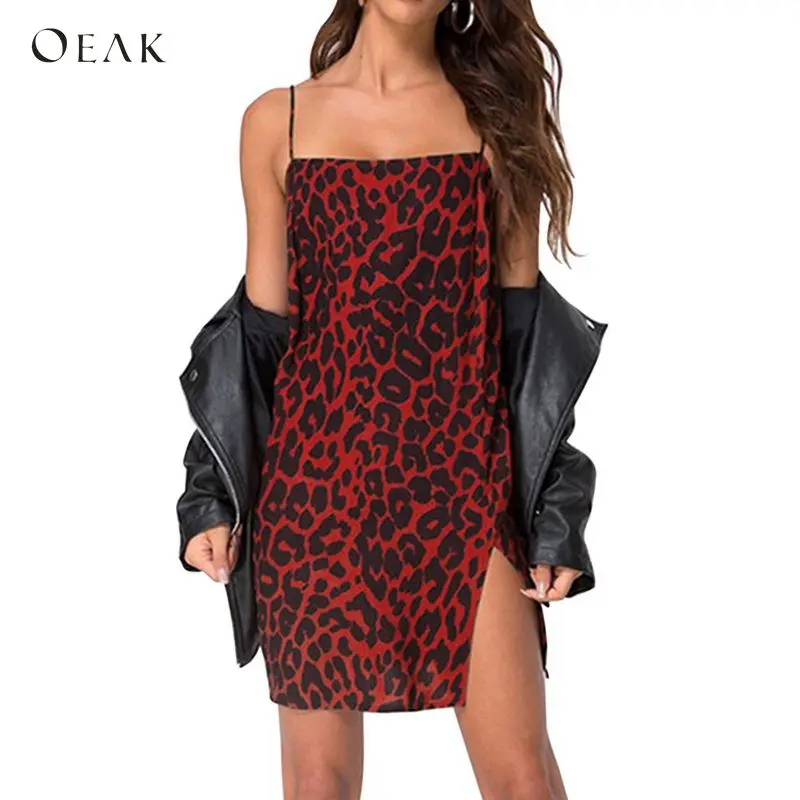

OEAK 2018 Fashion Leopard Print Dress Summer Sleeveless Spaghtti Strap Slim Fit Dress Female Party Club Sexy Mini Dress Vestidos