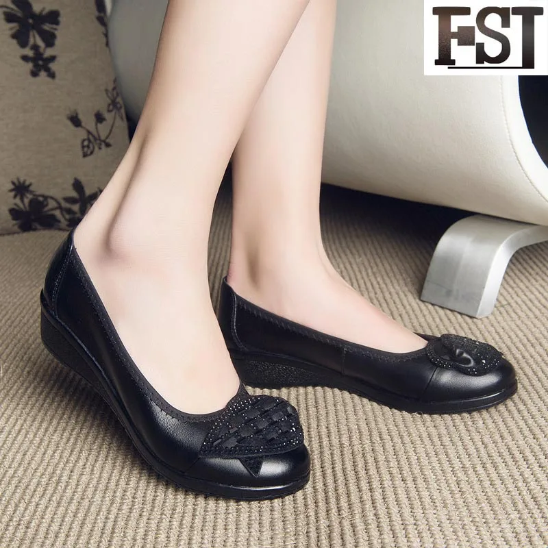 

FSJ Genuine Leather Ladies Cow Leather Solid Round Toe Synthetic Slip-On Spring/Autumn Unique Dress Butterfly-knot Personality