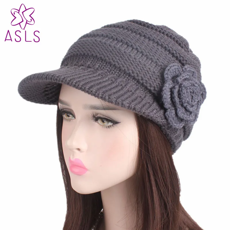 

New fashion winter warm Women Ladies soft Knit Visor slouchy beanie Hat knitted cap with crochet Flower Hair accessories