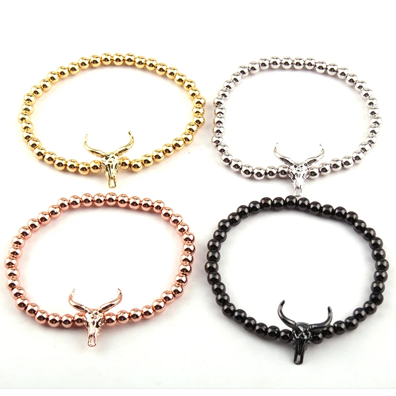 

Fashion Jewelry Bracelets 5mm Round Copper Beads Beautiful Bull Head Charm Bracelet