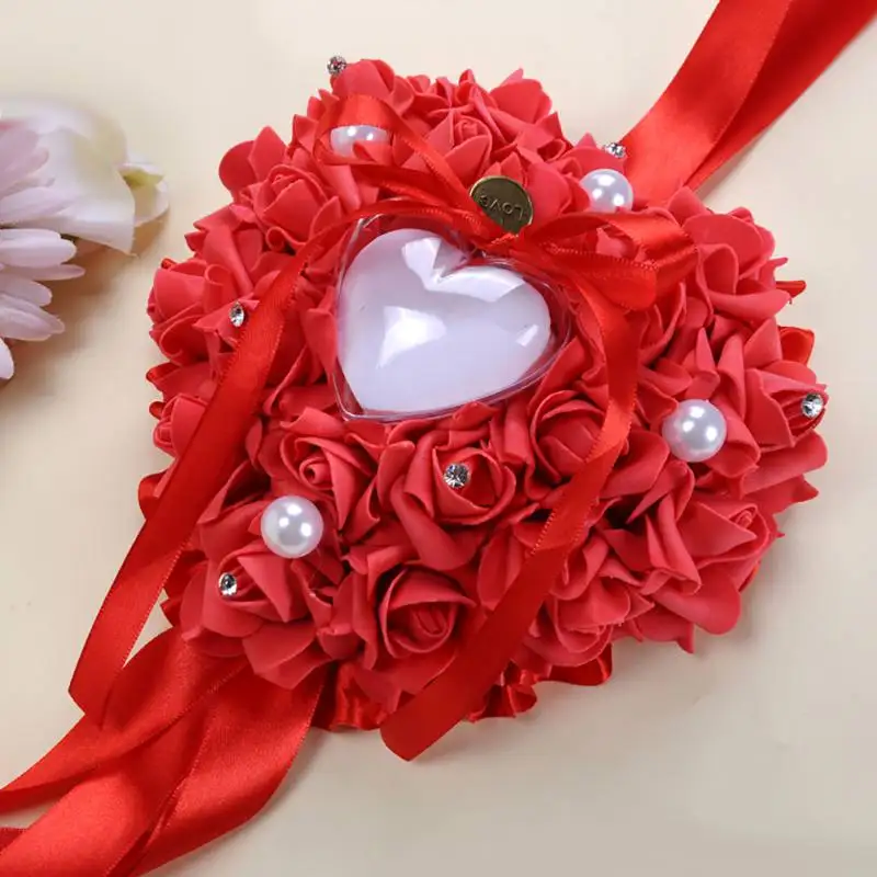 Подвесная Роза Свадебная подушка в форме сердца свадебное кольцо коробка шелковая ткань Роза Кристалл поддельный жемчуг Декор кольцо держатель Свадьба - Цвет: Темный хаки