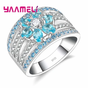 

Brand Blue Stone Ornament With White Crystal Flower Shape 925 Sterling Silver Rings For Women Christmas Present