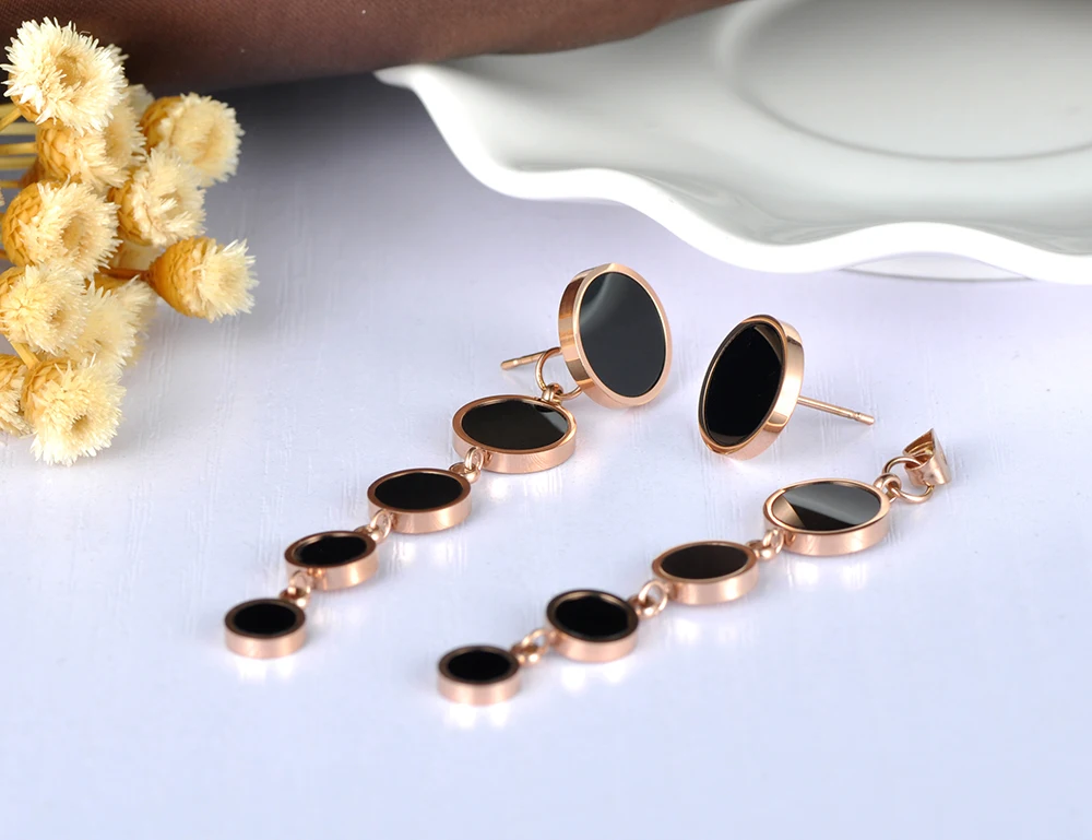 JeeMango, серьги из нержавеющей стали, раздельные, 5 черных дисков, серьги-гвоздики, розовое золото, цвет, ювелирные изделия для женщин, подарок JE18449