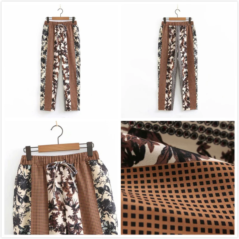 2019 New Print 2 Piece Set Women Vintage Belt Long Sleeve Female Outfit Clothing Blazer Coat and Pants Sets Women's Pant Suits