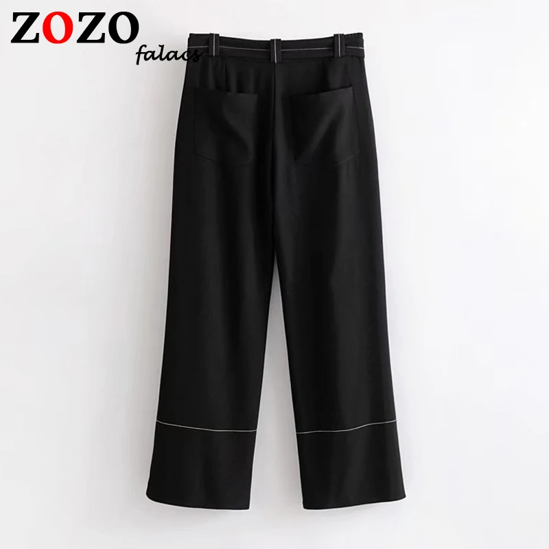 Falacs Zozo Summer Autumn Vintage Office Lady Formal Fashion Minimalist Zipper Fly Pockets Wide Leg Pants Black Women Capris | Женская